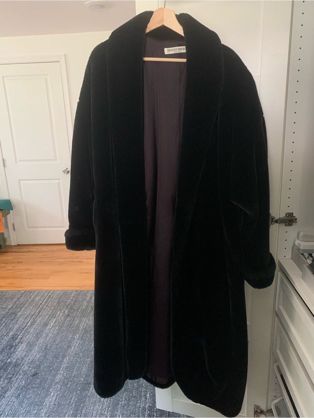 Donnybrook Luxury Vintage Black Plush Faux Fur Long Coat with Shawl Collar